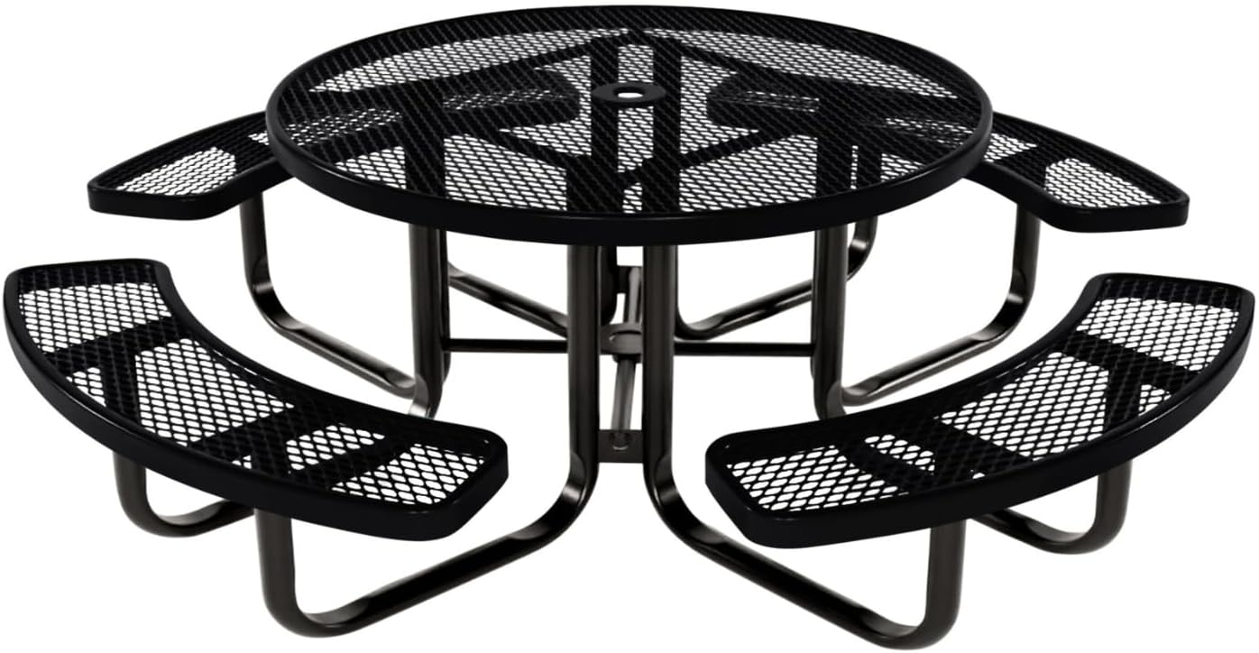 Coated Outdoor Furniture Heavy-Duty Portable Outdoor Kids Table with Umbrella Hole, Expanded Metal Kids Picnic Table, Commercial-Grade, Made in America (46 In, Round, Childrens, Black)