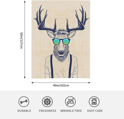 HGOD DESIGNS Deer Throw Blanket Deer Dressed up Like Cool Hipster Blanket Super Soft Flannel Throw Blanket Lightweight Plush Fuzzy Bed Blanket for Bedding Sofa and Travel 40"X50"