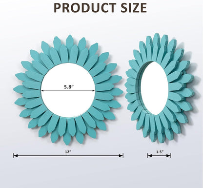 Honiway Beach Wall Decor Mirror 2 Pack 12 inch Wood Coastal Wall Decor Sunburst Boho Home Decor Room Decor for Bedroom Living Room Entryway Cyan