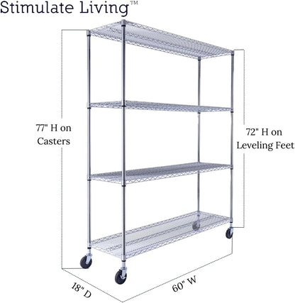 60"x18"x72" Prime Heavy Duty Chrome 4-Tier Wire Shelving NSF 3200 LBS MAX Capacity Storage Rack for Commercial, Hospital, School, Garage, and Kitchen Uses (with Wheels)