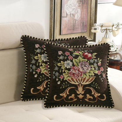 Set of 2 Brown Vintage Embroidered Throw Pillow Covers 18x18in，Floral Embroidered Cushion Cover for Sofa Couch Bed Burgandies Pillow Cover Brown