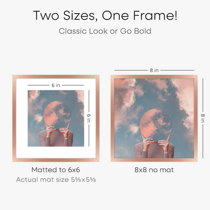 Homeforia Rose Gold Frame 8x8, High End Metal 8 x 8 Square Picture Frames with Mat 6 x 6 Art, 8x8 Photo Frame Matted to 6x6 inch Print, 8by8 Wall or Tabletop Frames, Tempered Glass, Wall Kit, Set of 1