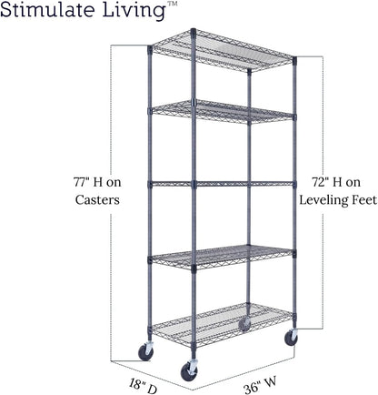 36"x18"x72" Prime Heavy Duty Black 5-Tier Wire Shelving NSF 4000 LBS MAX Capacity Storage Rack for Commercial, Hospital, School, Garage, and Kitchen Uses (with Wheels)