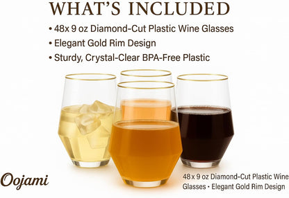 48 Pack Diamond Unbreakable Stemless Plastic Wine Stemless Toasting coacktail Glasses, Durable 9 Oz BPA-Free Disposable Champagne Flutes for Weddings, Bars, Events, and Celebrations (Diamond Gold Rim)