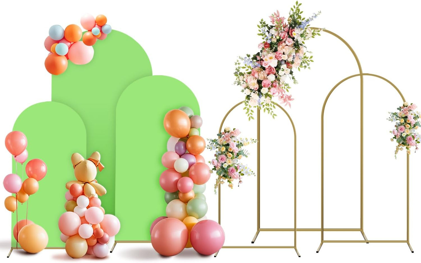 Arch Backdrop Stand and Cover Set, 3 Metal Balloon Arch Backdrop 4ft 5ft 6ft, Gold Arched Stand Frame for Wedding, Parties,Birthday, Backdrop Decorations (SageGreen,4ft+5ft+6ft)