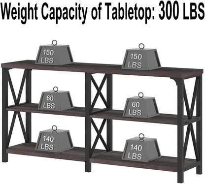 LVB Rustic Console Table, Industrial Modern Sofa Table Behind Couch, Long Metal Wood Entryway Table with Storage Shelf, Farmhouse Foyer Hallway Table for Home Living Room Bedroom, Dark Gray Oak, 63 in