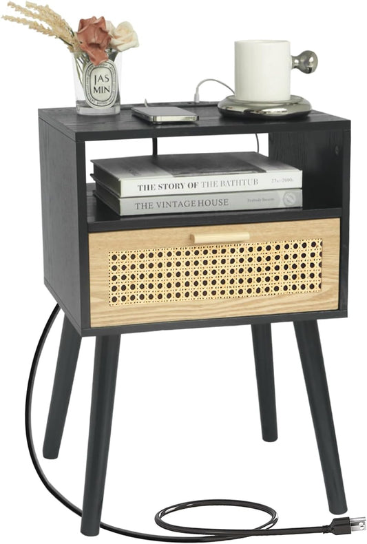 MaxSmeo Mid Century Modern Nightstand with Charging Station, Bedside Tables with Rattan Drawer