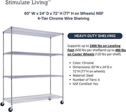60"x24"x72" PRIME HEAVY DUTY Chrome 4-Tier Wire Shelving NSF 2400 LBS MAX Capacity Storage Rack for Commercial, School, Home, Garage, Warehouse, Industrial, and Hospital Uses (with Wheels)