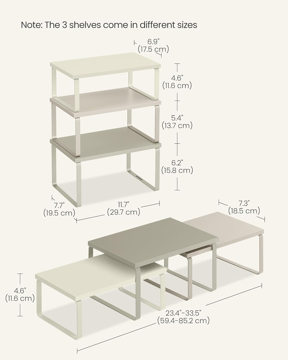 SONGMICS Cabinet Organizer Shelf, Set of 3 Kitchen Counter Shelves, Kitchen Storage, Spice Rack, Stackable, Expandable, Sand Beige UKCS220K01