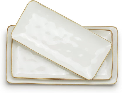 famiware Serving Platter, Rectangular 15.67/14.1/12.6inch Serving Dishes for Entertaining, Microwave Dishwasher Safe, Stoneware Serving Trays for Party, Turkey, Cheese, Ocean Series, Vanilla White