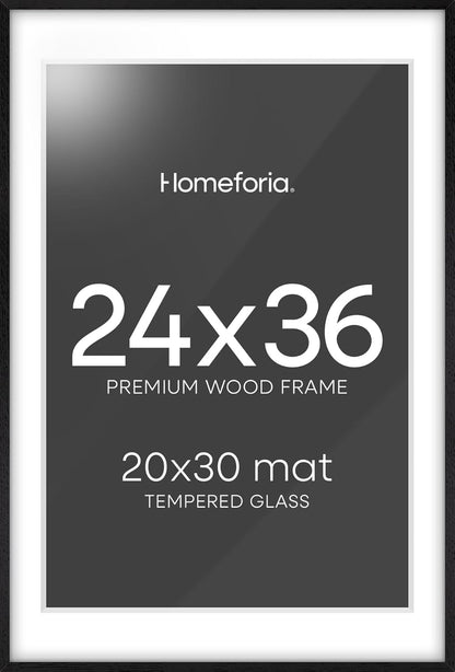 Homeforia 24x36 Black Wood Frame, High End Oak 24x36 Large Wooden Poster Frames with Mat 20x30 inch Photo, 24 x 36 Picture Frame Matted to 20 x 30, 36x24 Thin Frame, Tempered Glass, Wall Kit, Set of 1