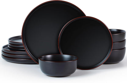Famiware Mercury Plates and Bowls Sets, 12 Pieces Stoneware Dinnerware Sets, Dishes Set for 4, Microwave and Dishwasher Safe, Black