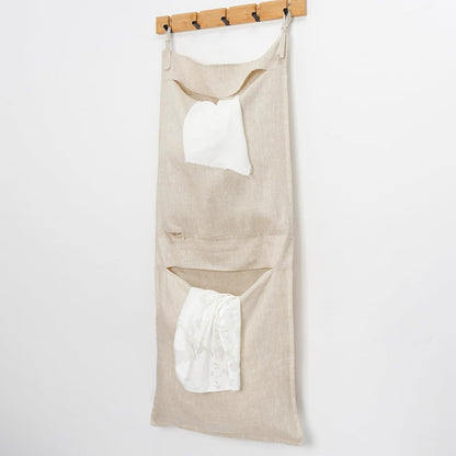 100% Linen Hanging Laundry Bag with 2 Compartments, Over the Door Laundry Hamper, Dirty Clothes Space Saving Organizer 19.7 x 47 Inches, Linen