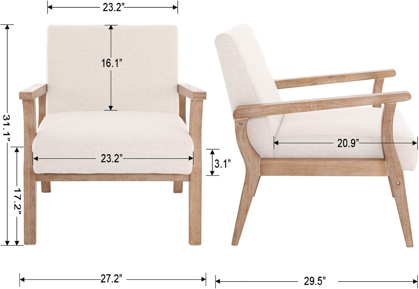 Beige Accent Chair Mid Century Modern Armchair Wood Sitting Chair Linen Fabric Upholstered Side Chair Comfortable Chair for Living Room Bedroom Cream