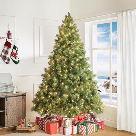 Naomi Home 7.5ft Christmas Tree with Lights, Realistic Traditional Prelit with Pine Cones, Foot Pedal 1556 Branch Tips, 750 Warm Lights and Metal Stand, Aritificial Tree