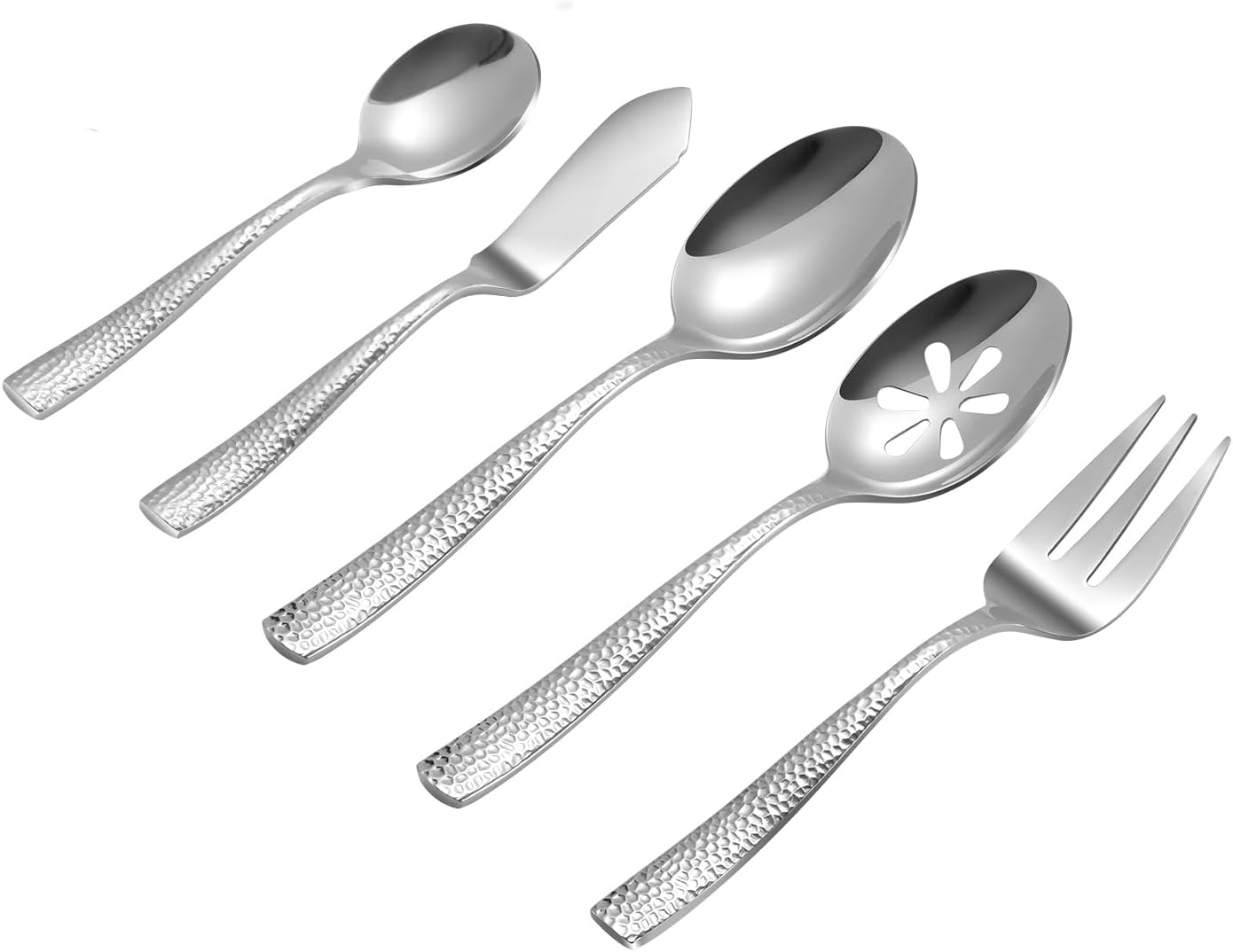 Stainless Steel Silverware Serving Set Hammered Silver Mirror Finished 5 Piece Serving Utensil Set Flatware Set