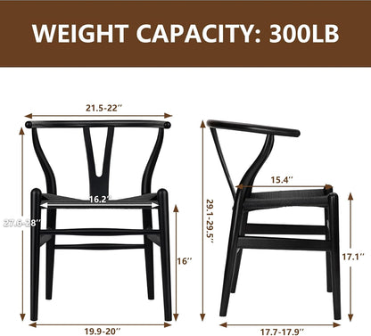 Wishbone Chair Natural Solid Wood Dining Chair/Hans Vegner Y Chair Rattan and Wood Accent Armrest Chairs Set of 2 (Ash Wood - Black)