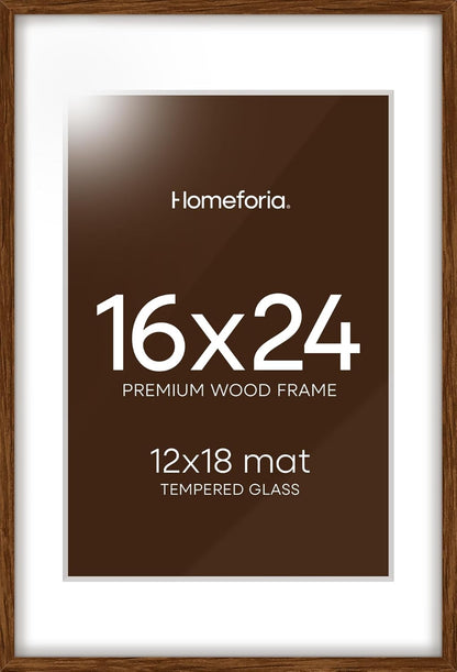 Homeforia Walnut Picture Frame 16x24, High End Dark Oak 16x24 Brown Wooden Frames with Mat 12x18, 16 x 24 Wood Poster Frame Matted to 12 by 18, 24x16 Hanging Frames, Tempered Glass, Wall Kit, Set of 1