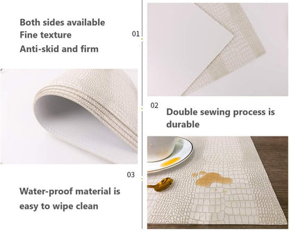 Waterproof PU Placemats, Faux Leather Hardboard Place Mats, Set of 8 Table Mats, Easy to Clean, Heat & Stain Resistant for Office Conference Table, Dining Home Decor, White