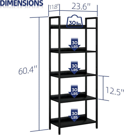 NUMENN Bookshelf, 5 Tier Bookshelves, Home Office Bookcase Shelf Storage Organizer, Free Standing Storage Shelving Unit for Bedroom, Living Room and Home Office, Black