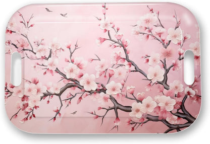 Serving Trays with Handles, 14.5 x 9.8 inch Rectangular Plastic Tray for Restaurant, Kitchen, Pink Cherry Blossom
