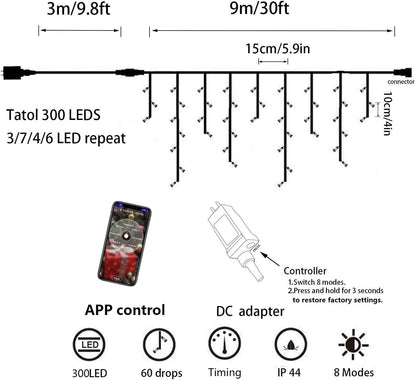 YASSEN Bluetooth APP Fairy Lights - 300 LED 30ft Icicle Style String Lights for Indoor & Outdoor Decorations (Warm White)