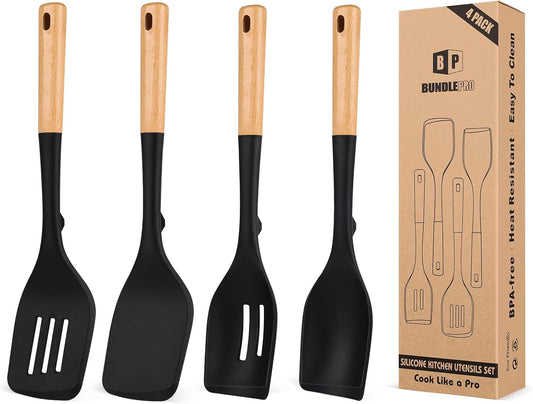 Pack of 4 Silicone Kitchen Utensils Set, Non Stick Solid Spatulas and Heat Resistant Slotted Spoons