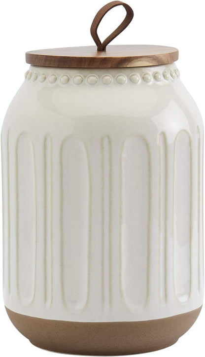 TTU Tabletops Gallery Ceramic Canister Collection- Stoneware Designed Kitchen Storage Embossed Acacia Wood White Set, 3 Piece Embossed Ziggy White Canister Set