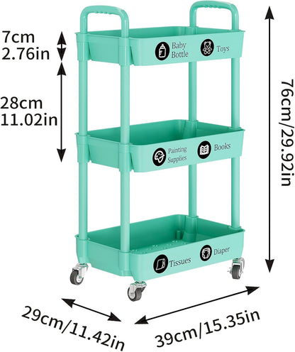 Laiensia 3-Tier Rolling Cart with Wheels,Multifunction Utility Storage carts, Kitchen Storage Organizer,Mobile Shelving Unit for Bathroom,Laundry,with Classified Stickers,Green