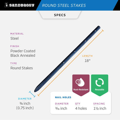 Sandbaggy Round Steel Concrete Form Stakes with Nail Holes - Rust Resistant Coating - Removable, Reusable (20, 3/4 in X 18 in)