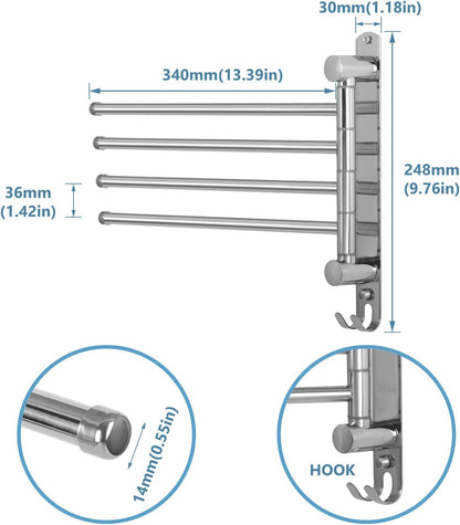 Bathroom Towel Rack JSVER 4 Arms Swivel Towel Holder, Towel Bar Wall Mounted, SUS304 Stainless Steel Space Saving Towel Rack, Towel Racks for Bathroom, Kitchen
