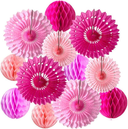12pcs 6'' 8'' Honeycomb Balls Tissue Paper Fans Party Honeycomb Ball Fans Wall Decorations Tissue Pom Poms Flower Balls Hanging Paper Fans for Party Baby Shower Birthday Wedding Nursery (Pink kit)