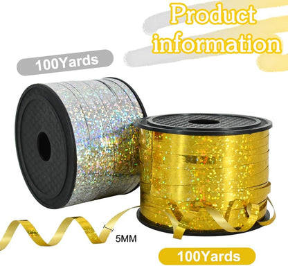 BEISHIDA 2 Pack 100 Yards Gold Silver Glitter Ribbon Balloon String Shiny Metallic for Gift Wrapping Birthday Party Festival Art Craft Decor Florist Flowers Decoration