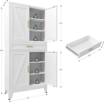 71 "Farmhouse Metal Filing Cabinet with a Drawer and 4 Adjustable Shelves, with 4 Large barn Door White Kitchen Cabinets, Metal Food Cabinets for Home, Kitchen, Dining/Living Room (White)