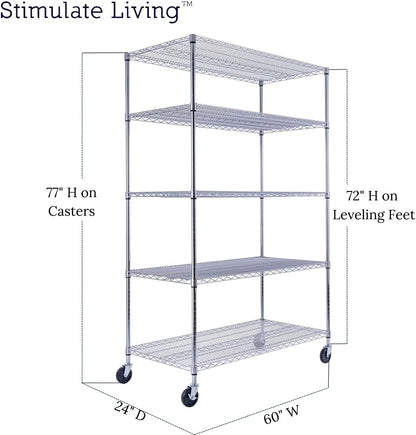 48"x24"x72" Prime Heavy Duty Chrome 5-Tier Steel Wire Shelving NSF 4000 LBS MAX Capacity Storage Rack for Commercial, School, Home, Garage, Warehouse, Industrial, and Hospital Uses (with Wheels)