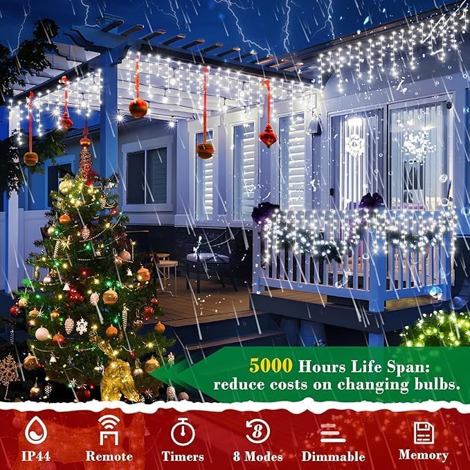KNONEW 164FT 1600 LED Christmas Lights Outdoor Decoration White Timer 8Modes Hanging Fairy String Lights with 320 Drops, Plug in Waterproof Indoor Decor for Holiday Wedding Party Window Garden