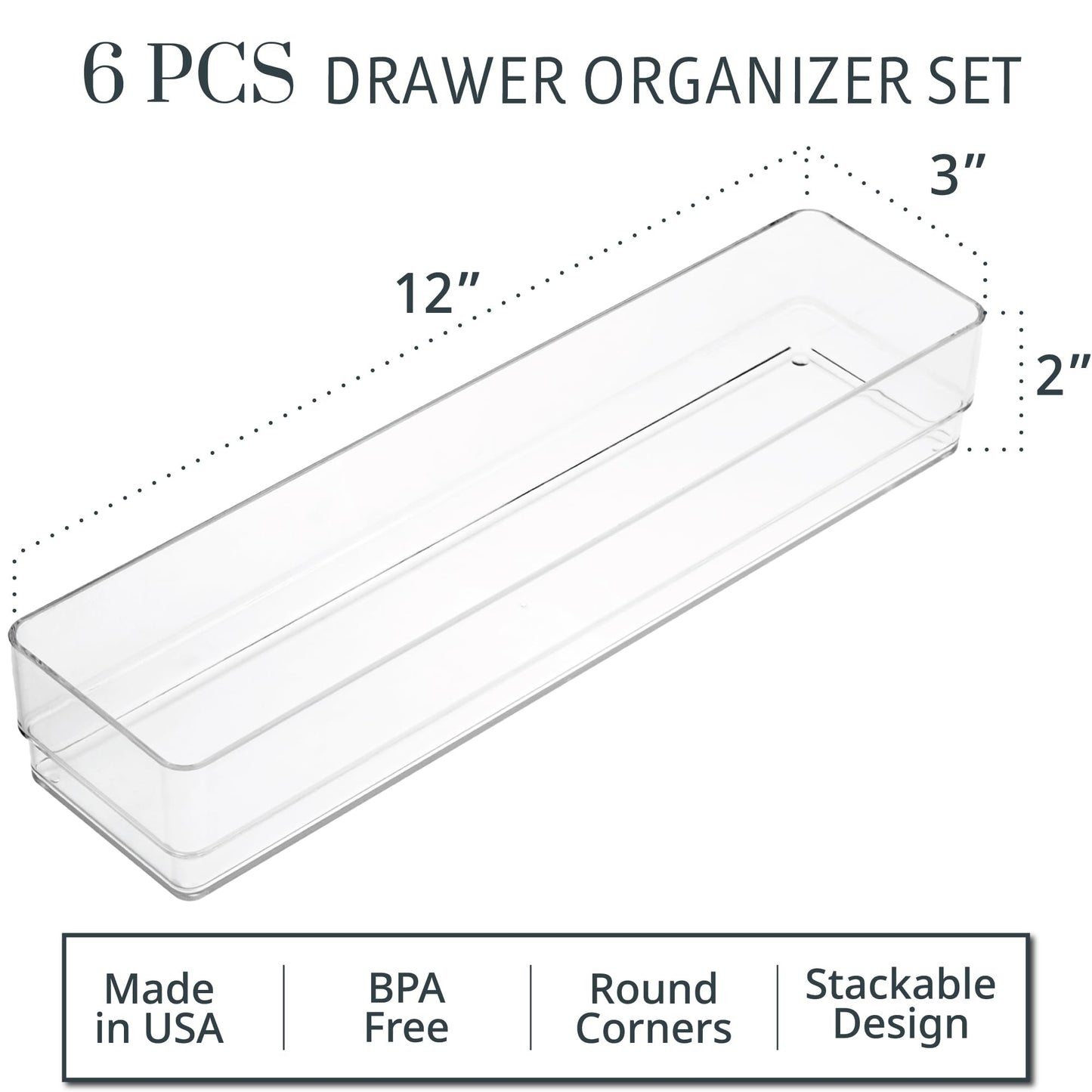 STORi SimpleSort 6-Piece Stackable Clear Drawer Organizer Set | 12" x 3" x 2" Rectangle Trays |