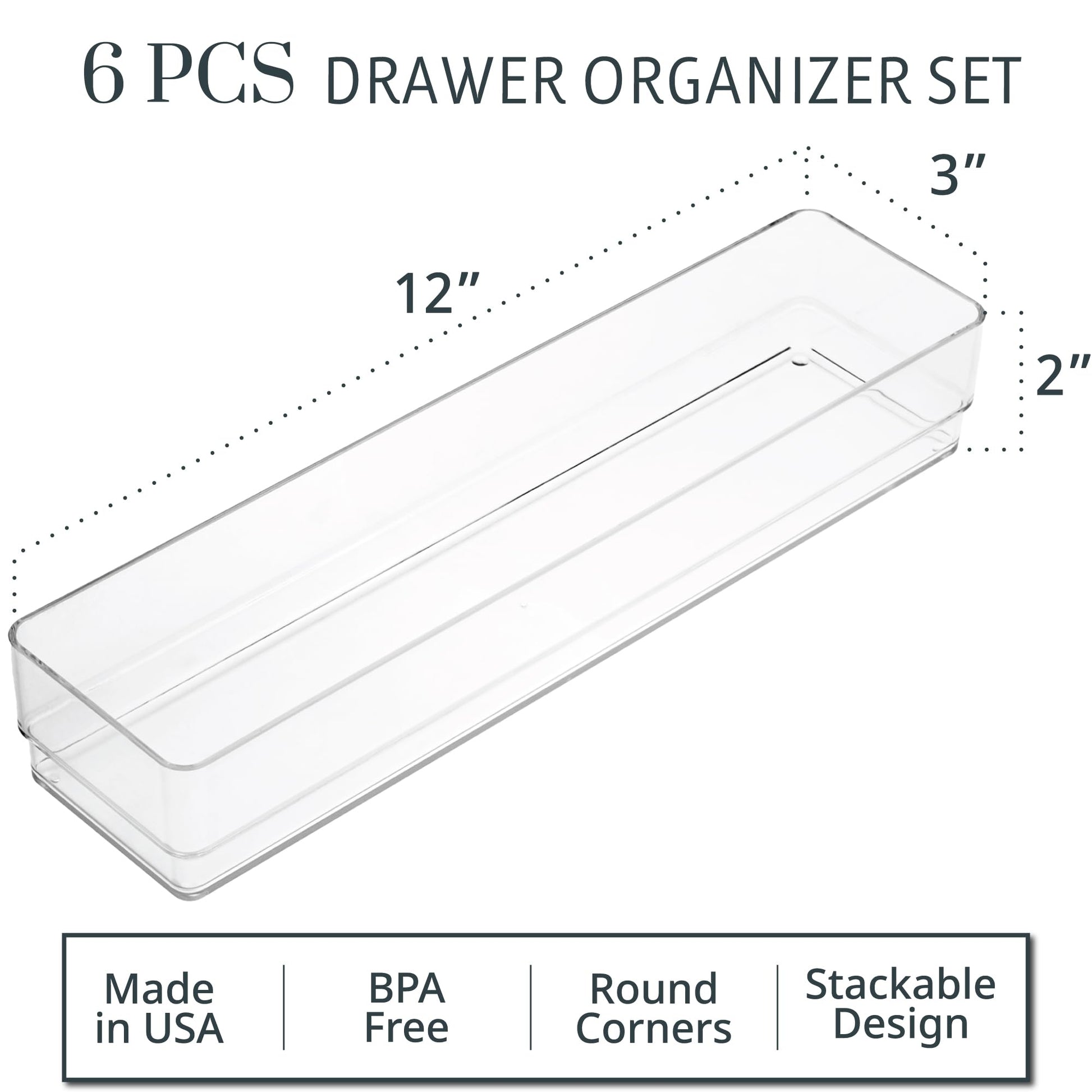 STORi SimpleSort 6-Piece Stackable Clear Drawer Organizer Set | 12" x 3" x 2" Rectangle Trays |