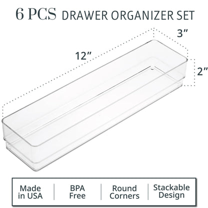 STORi SimpleSort 6-Piece Stackable Clear Drawer Organizer Set | 12" x 3" x 2" Rectangle Trays |