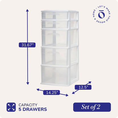 HOMZ 2-Pack Drawer Tower, 5-Tier Clear Plastic Storage Organizer Unit, White Frame - Multi-Purpose