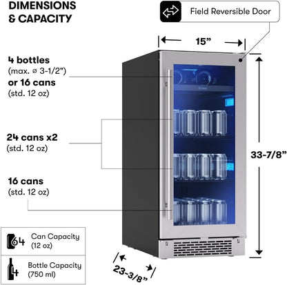Zephyr Brisas 15 Inch Slim Beverage Fridge Single Zone Under Counter - Narrow Mini Wine & Drink Cooler Small Cabinet Wine Refrigerator Home Bar Freestanding with Glass Door - 4 Bottles, 64 Cans