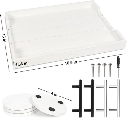 Coffee Table Tray - Large Ottoman Tray for Living Room - Wood Serving Tray with Handles(2 Sets) - Wooden Tray for Coffee Table, 4 Round Coasters Included, White