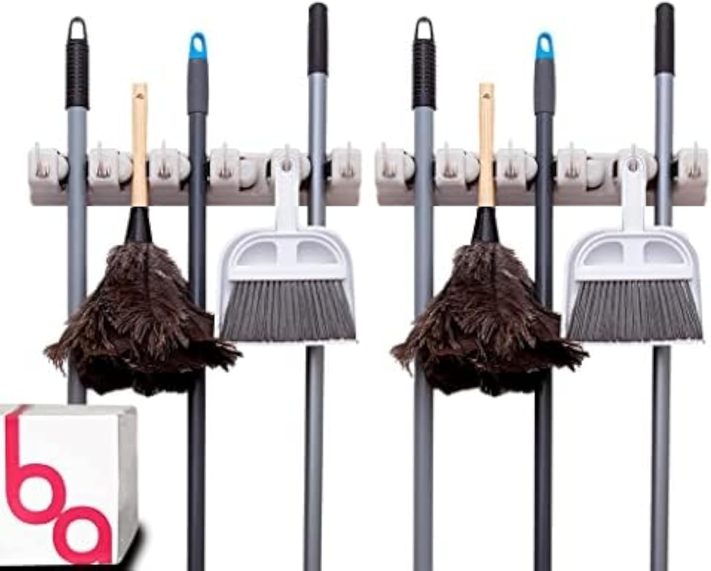 Berry Ave Broom Holder & Wall Mount Garden Tool Organizer- Kitchen, Closet, Garage & Laundry Room Storage With 5 Slots And 6 Hooks- Wall Holder For Broom, Rake & Mop Handles Up To 1.25??[Beige 2-Pack]