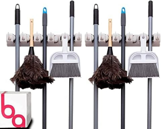 Berry Ave Broom Holder & Wall Mount Garden Tool Organizer- Kitchen, Closet, Garage & Laundry Room Storage With 5 Slots And 6 Hooks- Wall Holder For Broom, Rake & Mop Handles Up To 1.25??[Beige 2-Pack]