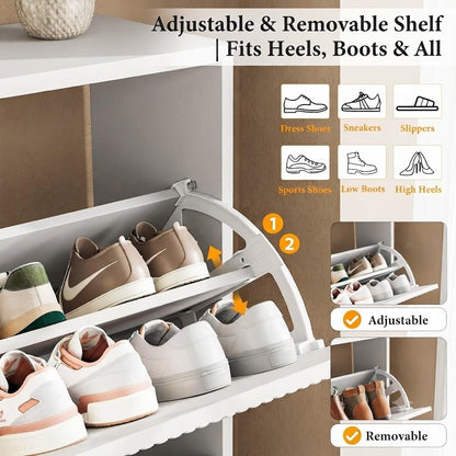 Nicetree White Shoe Cabinet for Entryway, 4 Flip Drawers Shoe Storage Cabinet with Tiered Fluted