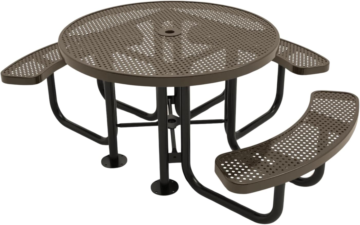 Heavy-Duty Portable Outdoor Picnic Table with Umbrella Hole, Punched Steel Patio Dining Furniture Made in America (46" Round Top, Textured Brown)