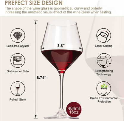 Wine Glasses,White Red Wine Glasses Set of 6,Lead-Free Premium Crystal Clear Glass,Hand Blown Italian Style Burgundy Long Stem Wine Glasses,Great Gift Packaging(16oz,6pack)