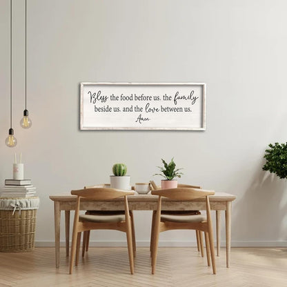 Bless the Food Before Us Sign Wall Decor 40"X15" Large Farmhouse Dining Room Wall Decor Framed Wood Rustic Home Wall Art Kitchen Decoration (White)