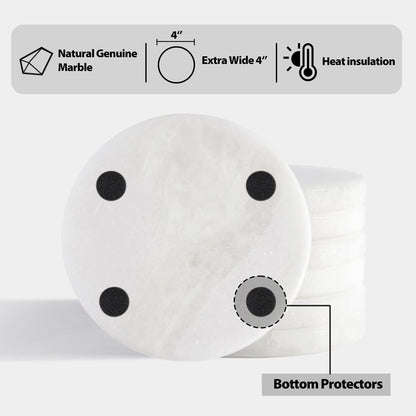 BCS Marble Coasters Set of 6 - Premium White Stone Coasters for Drinks with Holder - Cup Mats for Coffee, Tea, Beer, Wine - Elegant Table Decor for Home, Office, Dining