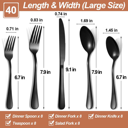 Lazycorner 40 Pcs Black Silverware Set for 8, Mirror Polished Flatware Set Stainless Steel Fork Knife Spoon, Food Grade Eating Utensils Sets, Reusable Silverwear Cutlery Set, Dishwasher Safe